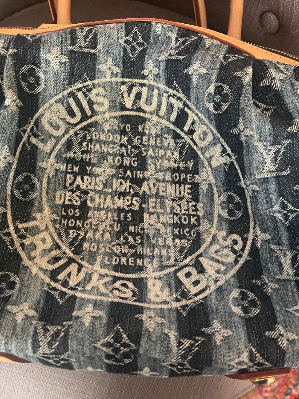 LV Denim Cloth weekender bag with leather trim and shoulder strap